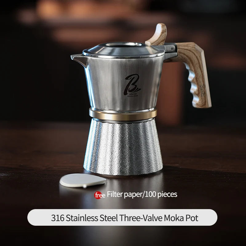 Bincoo Premium 3-Valve Moka Pot 316 Surgical Stainless SteelHome Espresso Brewer Complete Set Ideal for Coffee Enthusiasts