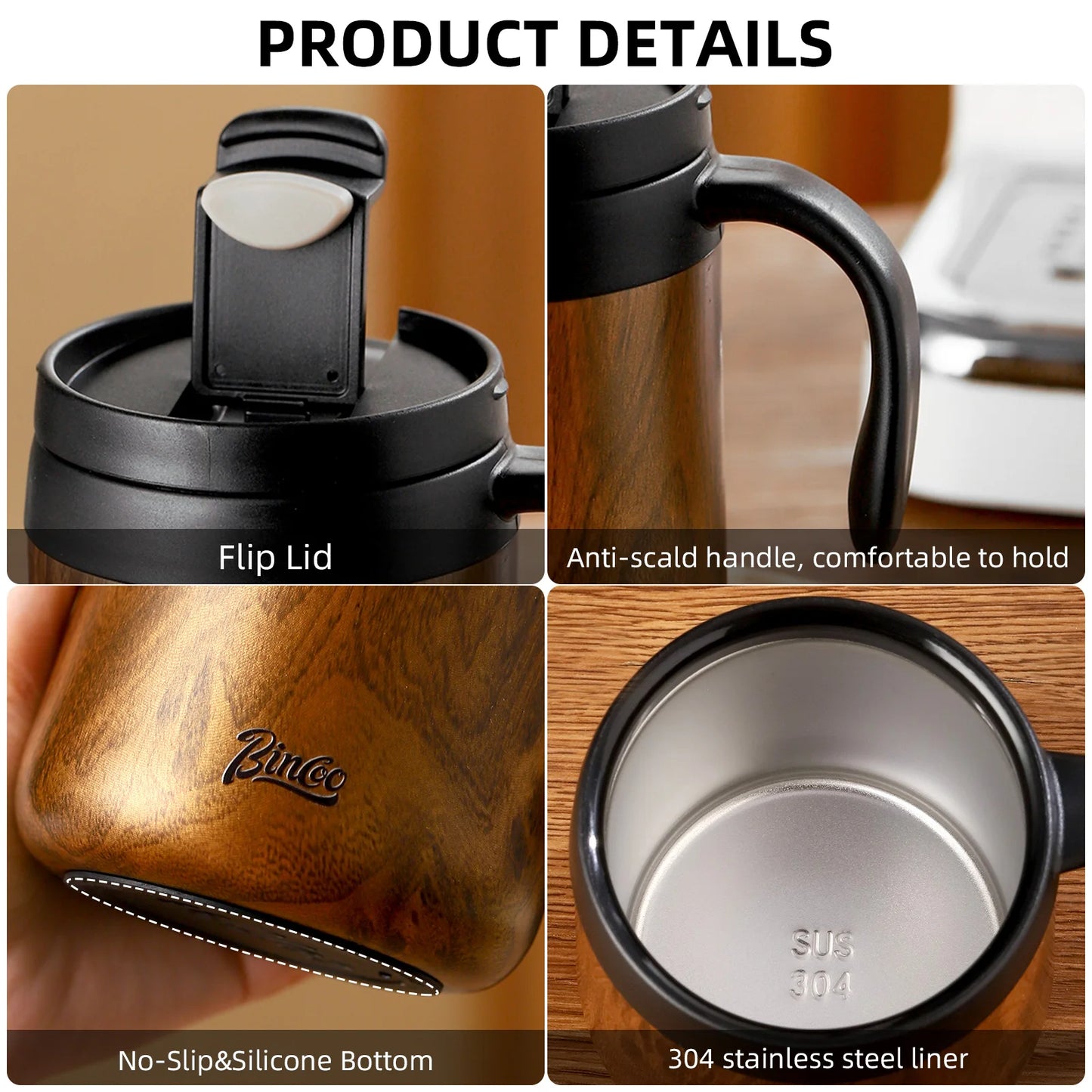 Bincoo 500ml 304 Stainless Steel Travel Coffee Cup with Wood Grain Design Double Wall Insulated Large Tumbler for Drinks