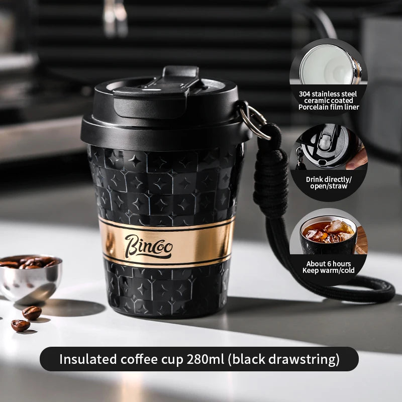 BINCOO 280/500ml Portable Coffee Thermos Cup Double Layered Ceramic Inner Wall Stainless Steel Car Travel Leak-proof Coffee Mugs