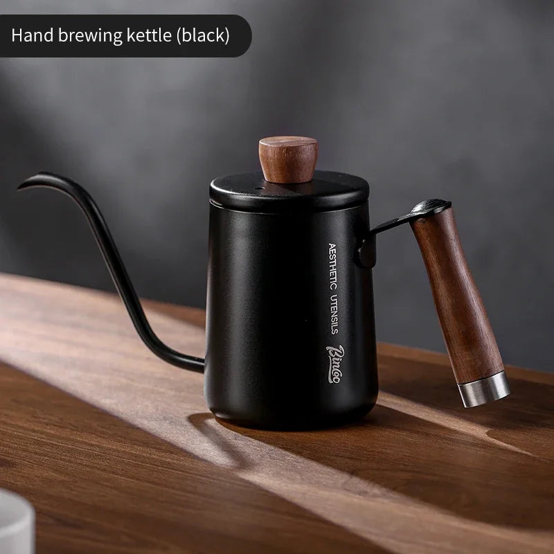 Bincoo 600ML Coffee Pot Gooseneck Kettle Spout 304 Stainless Steel Hand Brewed Espresso Milk Pot Walnut Wood Handle Coffee Maker