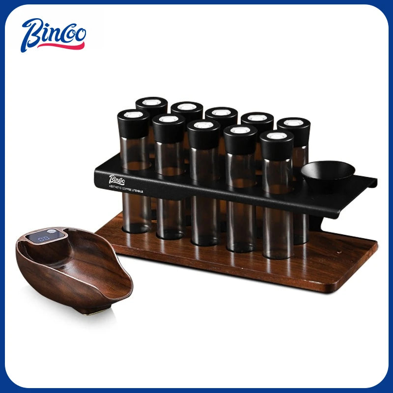 BINCOO Coffee Bean Storage Rack with 8 Airtight Glass Vials & Wooden Base, Single Dose Espresso Bean Dispenser System