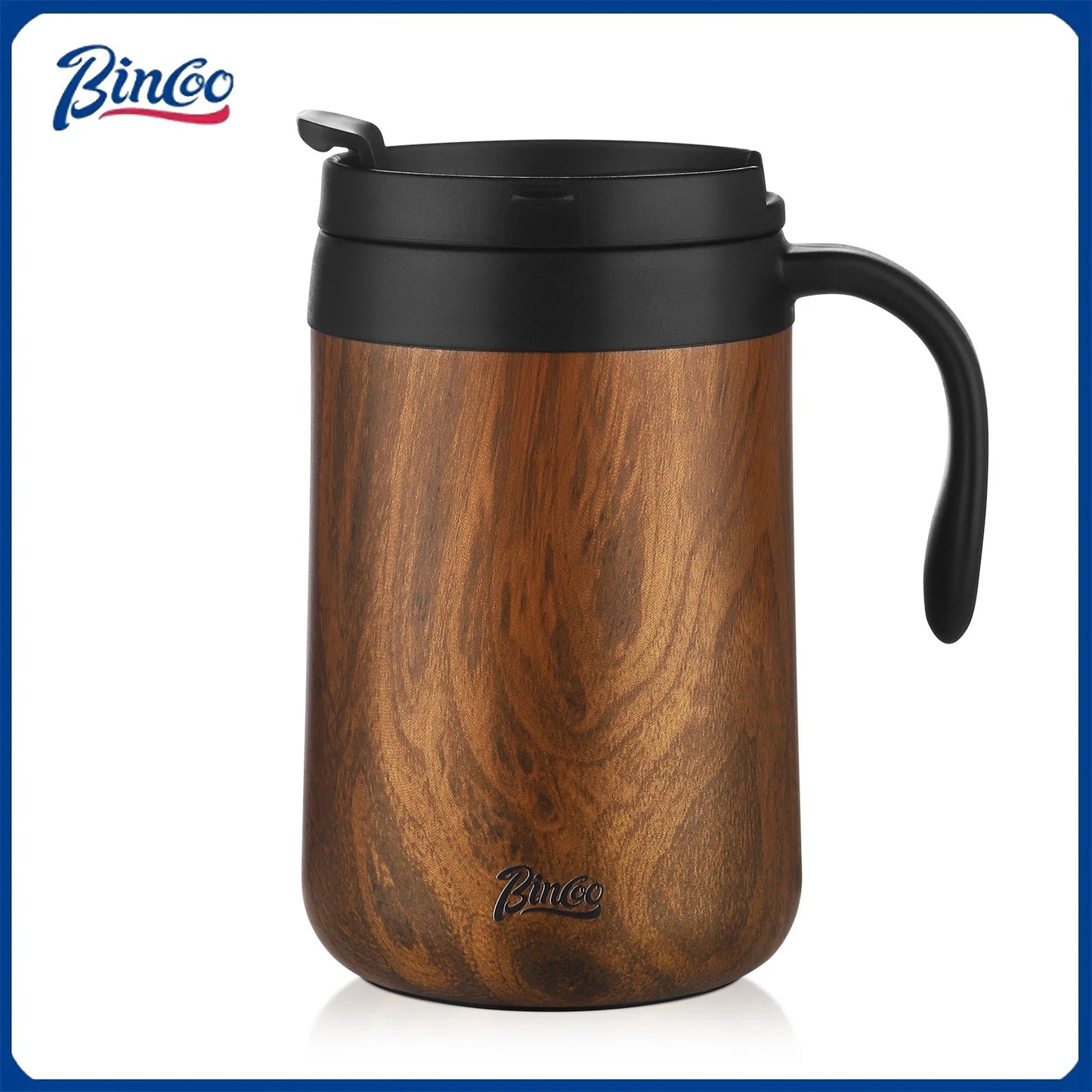 Bincoo 500ml 304 Stainless Steel Travel Coffee Cup with Wood Grain Design Double Wall Insulated Large Tumbler for Drinks