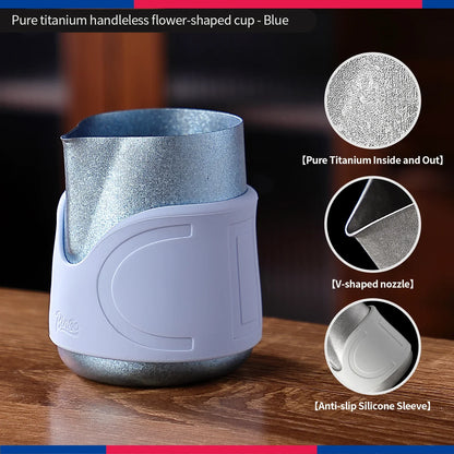 Bincoo Handleless Titanium Frothing Pitcher – Round Spout Latte Art Cup with Measuring Scale, Home Barista Tool