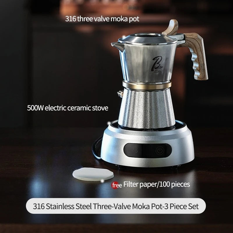 Bincoo Premium 3-Valve Moka Pot 316 Surgical Stainless SteelHome Espresso Brewer Complete Set Ideal for Coffee Enthusiasts
