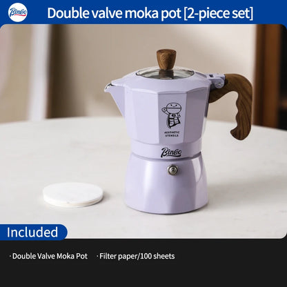 Bincoo Dual Valve Moka Pot Espresso Coffee Maker for Home and Outdoor Two Cups Hand Brewed Coffee Pot Italian Home Barista Tool