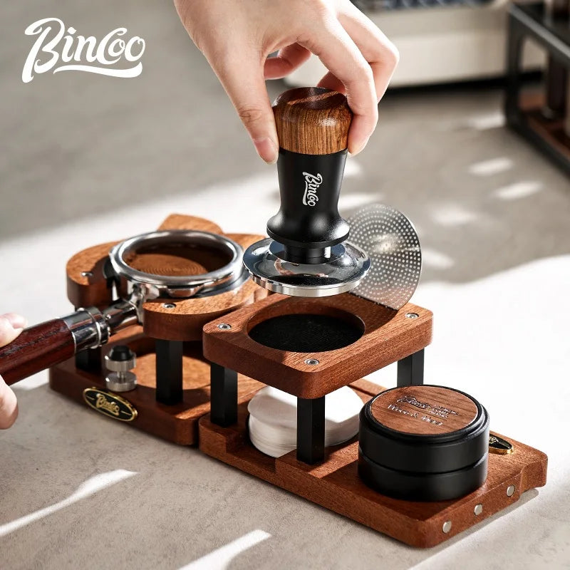 Bincoo Coffee Storage Base Powder Hammer Cloth Powder Dispenser Set Solid Wood Handle Filling Base With Magnetic 51/58MM