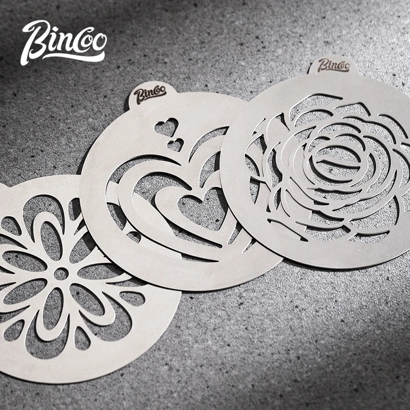 Bincoo GYKF2268  Stainless Steel Latte Art Template, Shaker Sifter Dispenser Duster Container, Tool Fancy Pattern Maker DIY Espresso Mold