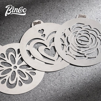 Bincoo GYKF2268  Stainless Steel Latte Art Template, Shaker Sifter Dispenser Duster Container, Tool Fancy Pattern Maker DIY Espresso Mold