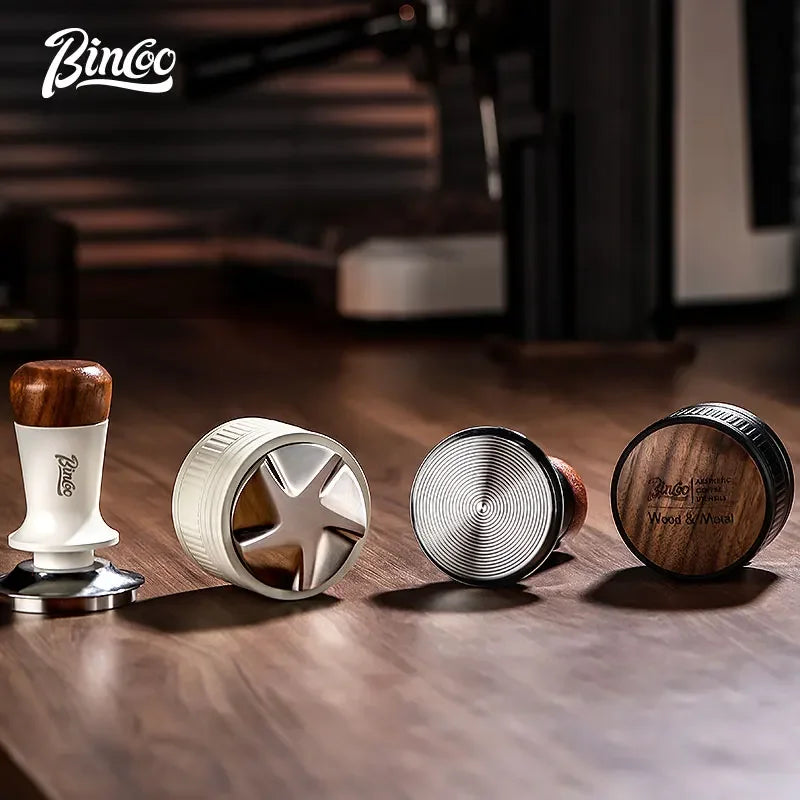 Bincoo 51/58MM Espresso Dispenser with Wooden Lid Adjustable Depth Coffee Masher Leveler Combination Set Home Barista Tools