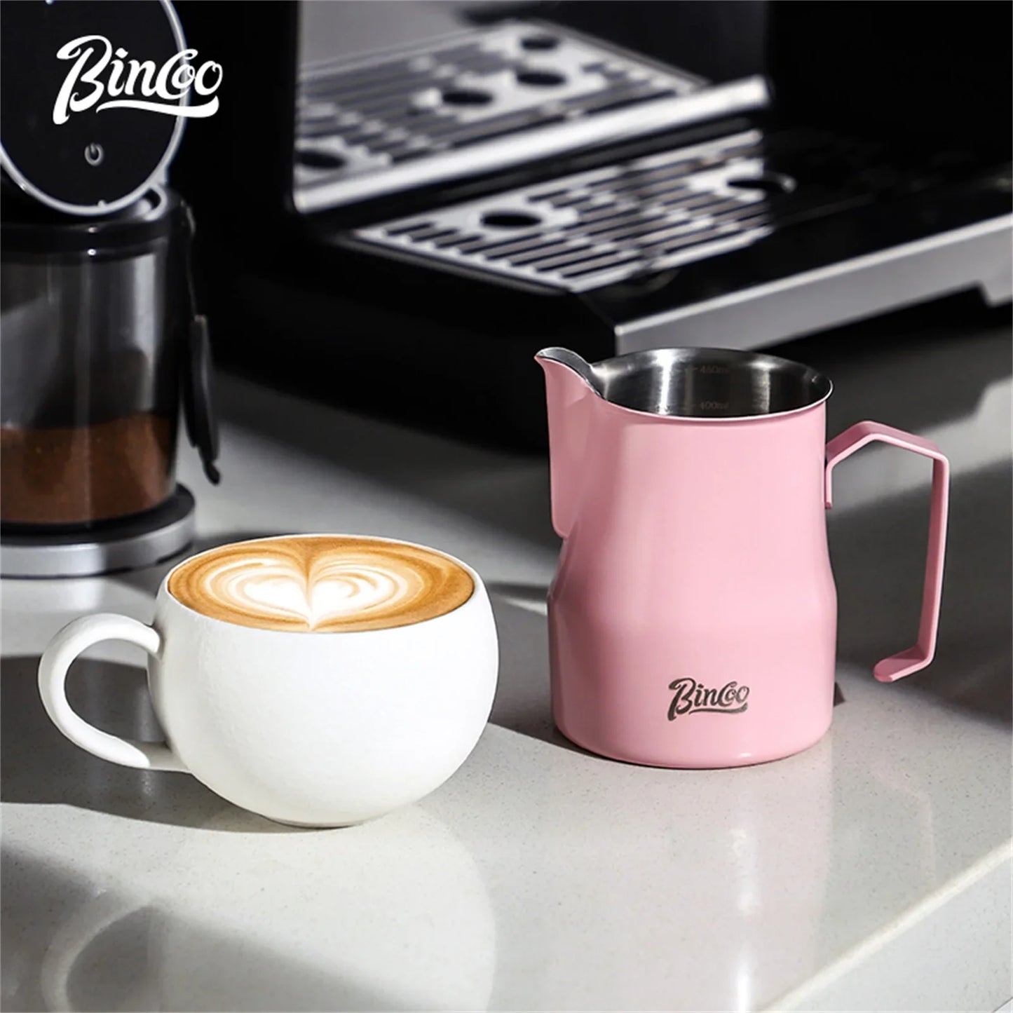 Bincoo GYKF0193 300/450ml Pink Milk Frothing Pitcher Stainless Steel Espresso Steaming Cup with Measurement Scale for Latte Art Barista