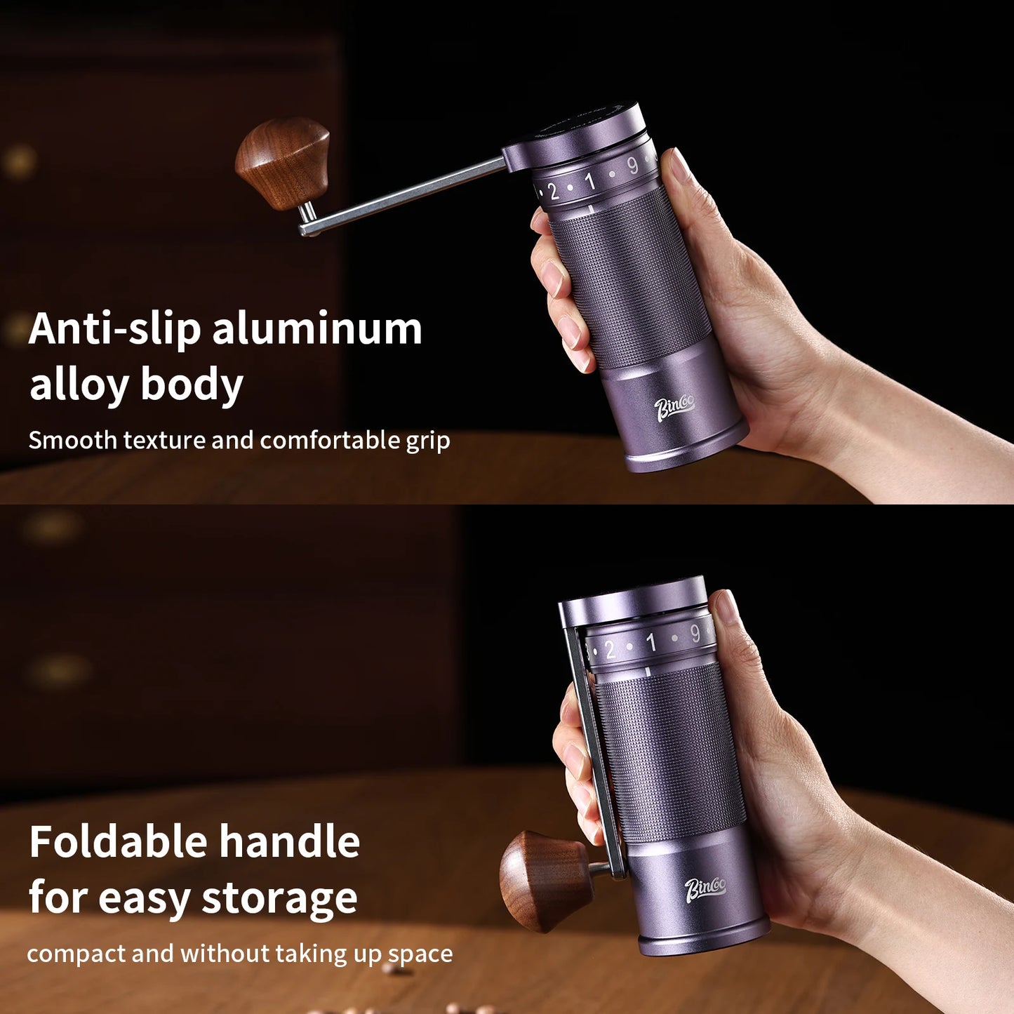Bincoo Professional  Upgrade Manual Coffee Grinder CNC Stainless Steel Burr Adjustable Foldable Hand-Crank Coffee Bean Grinding
