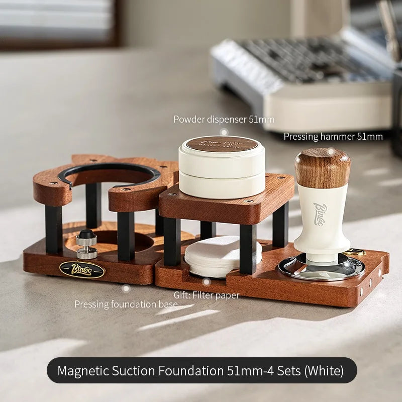 Bincoo Coffee Storage Base Powder Hammer Cloth Powder Dispenser Set Solid Wood Handle Filling Base With Magnetic 51/58MM