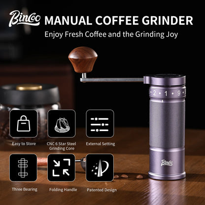 Bincoo Professional  Upgrade Manual Coffee Grinder CNC Stainless Steel Burr Adjustable Foldable Hand-Crank Coffee Bean Grinding