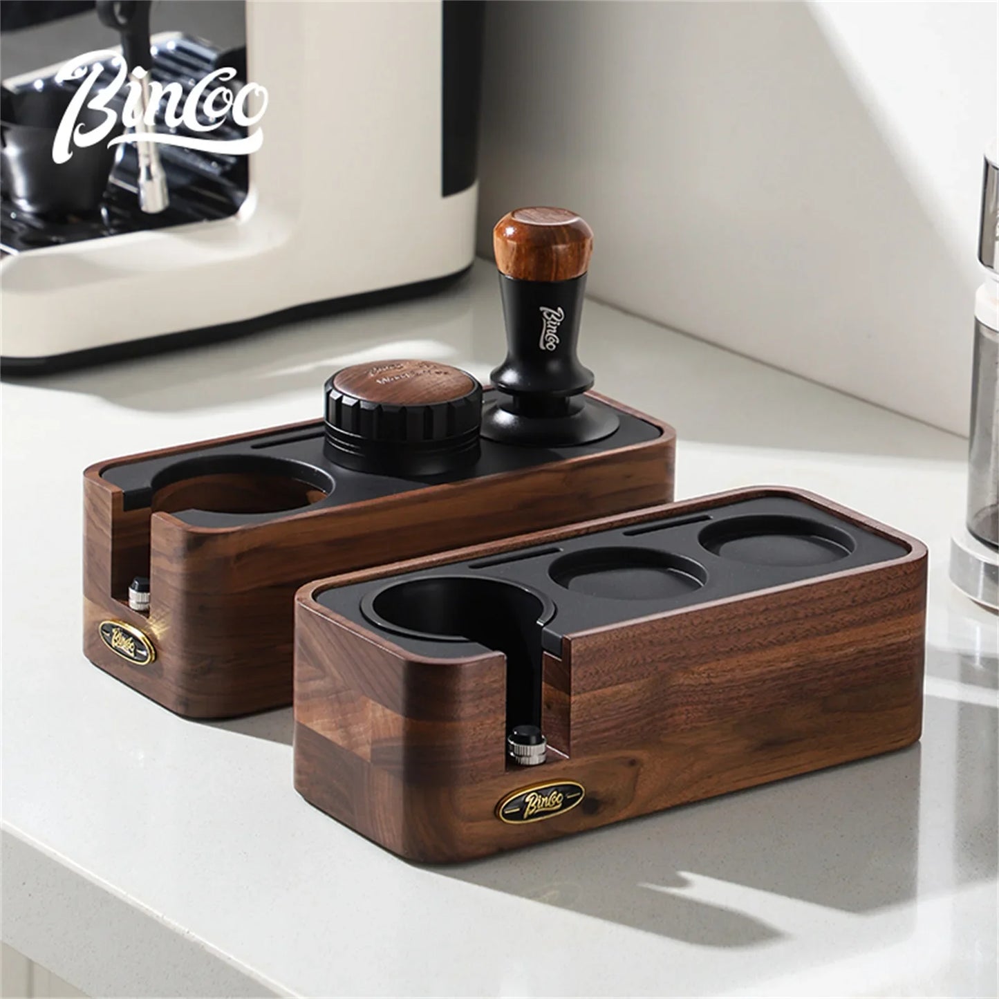 Bincoo Professional Espresso Tamping Station Portafiler Holder Wood Base with Distributor&Tamper 51/58mm Coffee Barista Tool Set