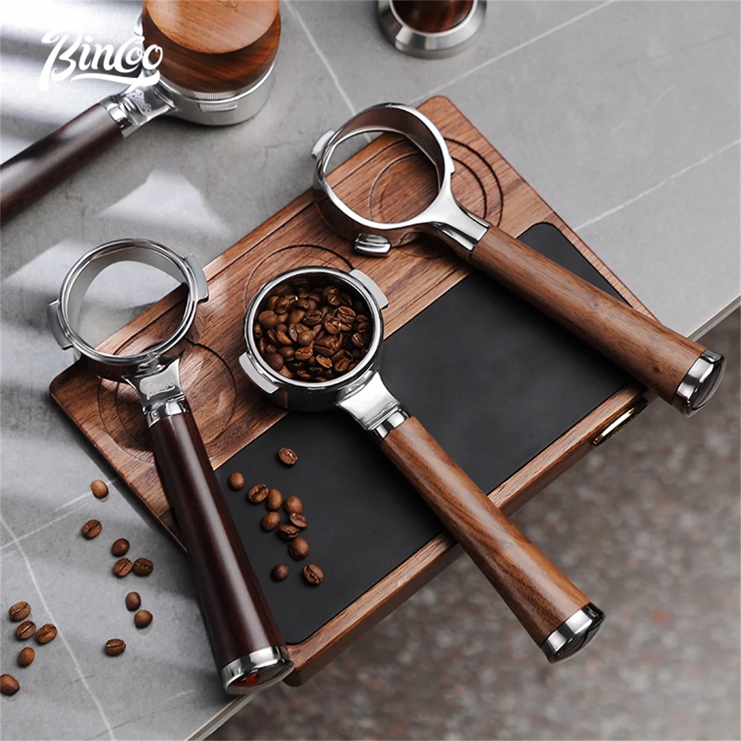 Bincoo Aroma Bottomless Portafilter, Walnut 58mm Universal, Espresso Machine Upgrade, Open Design Fits Delonghi Dongling