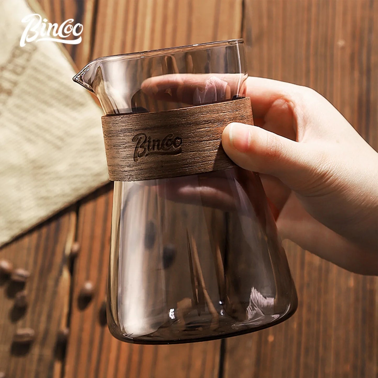 Bincoo 500ml Hand Brewed Coffee Sharing Pot with Wood Card Heat-Resistant High Borosilicate Glass Coffee Pot Coffee Barista Tool