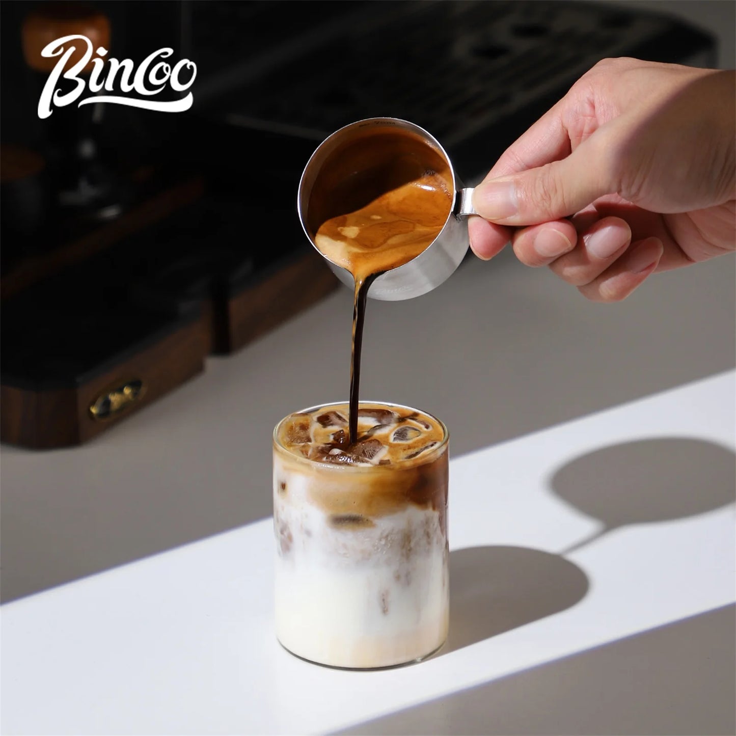 Bincoo Stainless Steel Espresso Measuring Cup With Wood Handle Espresso Shot Cup for Coffee Extraction and Milk Frothing Barista