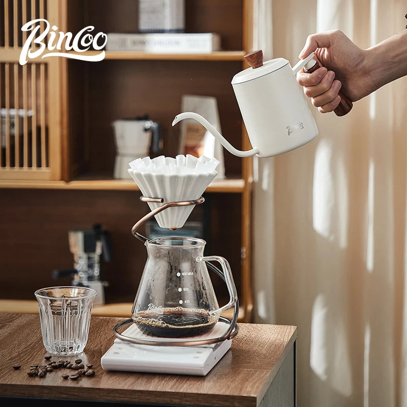 Bincoo GYKF2313 Stainless Steel Hand Drip Coffee Kettle with Real Wood Handle Long Gooseneck Spout  Precision Pouring and Home Brewing
