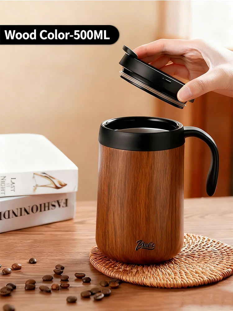 Bincoo 500ml 304 Stainless Steel Travel Coffee Cup with Wood Grain Design Double Wall Insulated Large Tumbler for Drinks
