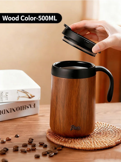 Bincoo 500ml 304 Stainless Steel Travel Coffee Cup with Wood Grain Design Double Wall Insulated Large Tumbler for Drinks