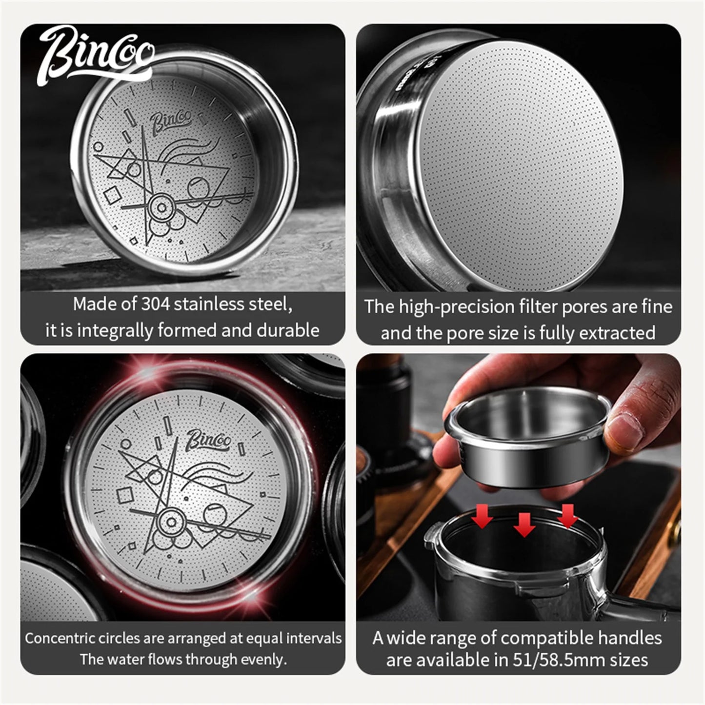 BINCOO Coffee Espresso Filter Basket Precision 51/58.5mm Coffee Machine Handle High Extraction Powder Bowl Portafilter 16/18/20g