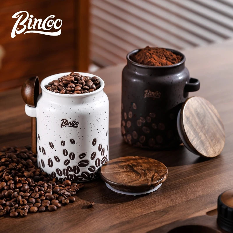 Bincoo Ceramic Coffee Bean Canister Sealed Jar Home Coffee Powder Storage Tank with Wooden Lid 500ML
