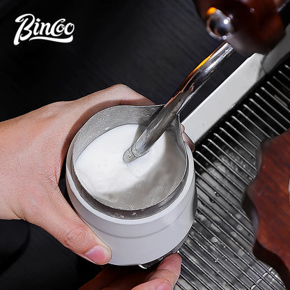 Bincoo Handleless Titanium Frothing Pitcher – Round Spout Latte Art Cup with Measuring Scale, Home Barista Tool
