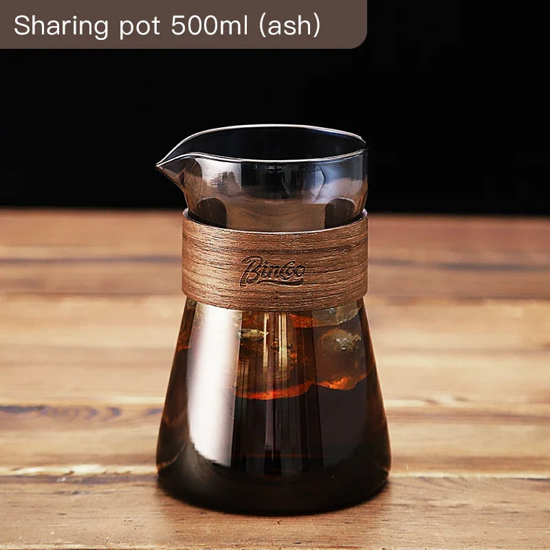 Bincoo 500ml Hand Brewed Coffee Sharing Pot with Wood Card Heat-Resistant High Borosilicate Glass Coffee Pot Coffee Barista Tool