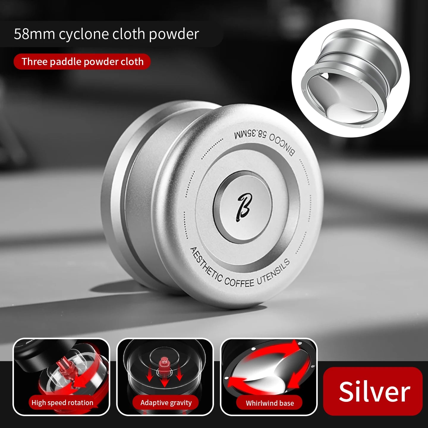 Bincoo Premium 58mm Magnetic Coffee Leveler Self Gravity Cyclone Design with 6 Concealed Magnets Even Grounds Distribution