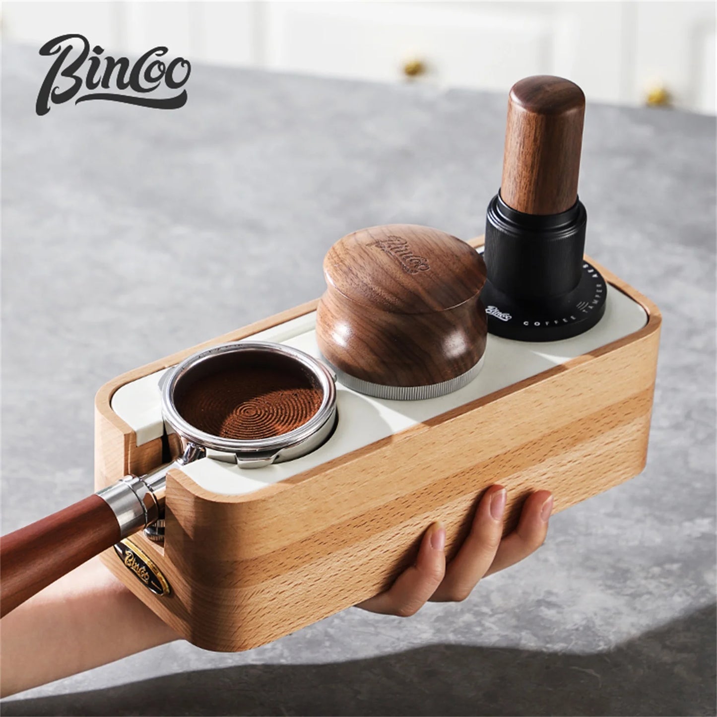 Bincoo Beech Wood Coffee Tamping Stand Tamper Station Fits 51/58mm Portafilters Espresso Distributor Base Set Home Barista Tools