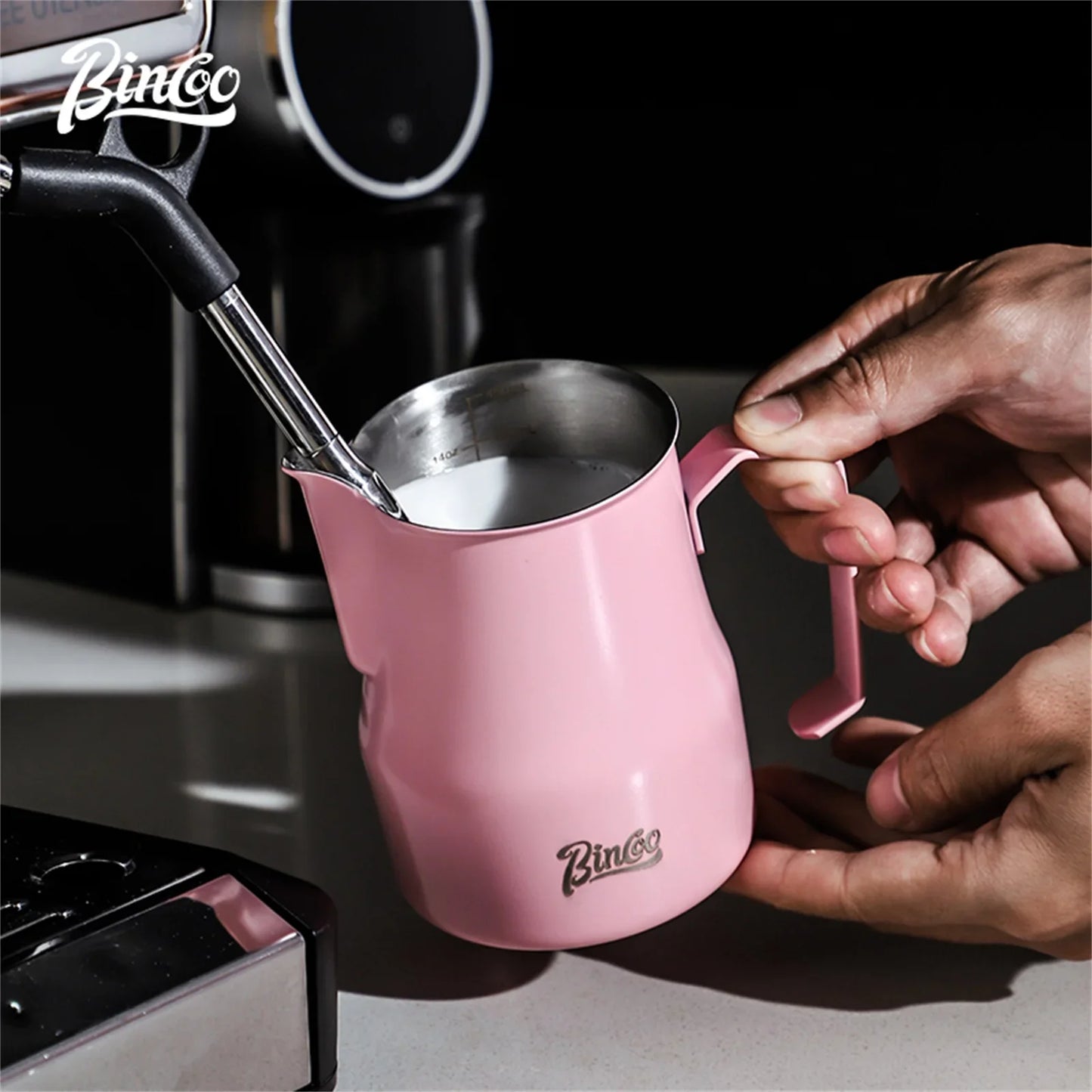 Bincoo GYKF0193 300/450ml Pink Milk Frothing Pitcher Stainless Steel Espresso Steaming Cup with Measurement Scale for Latte Art Barista