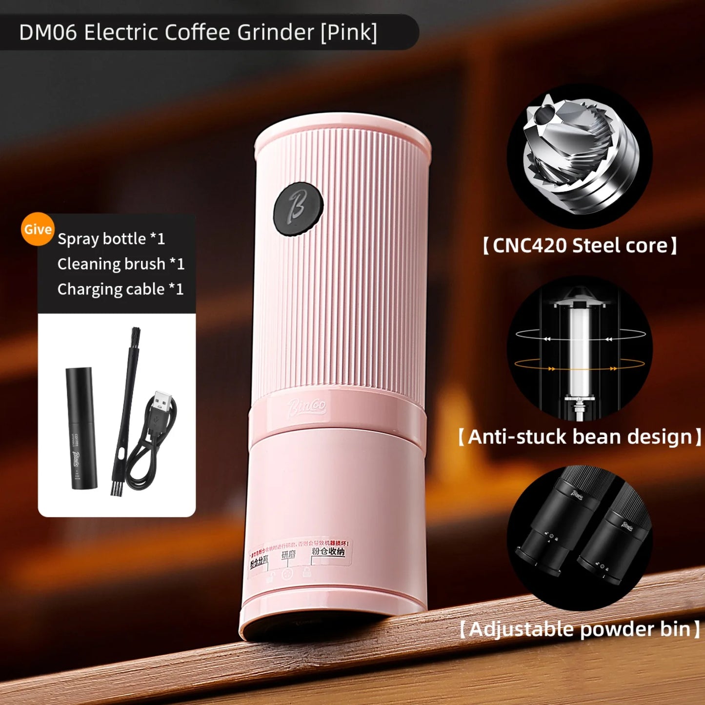 Bincoo Leyou Portable Electric Coffee Grinder, USB Rechargeable Adjustable Grind, Home Outdoor Portable Coffee Grinder