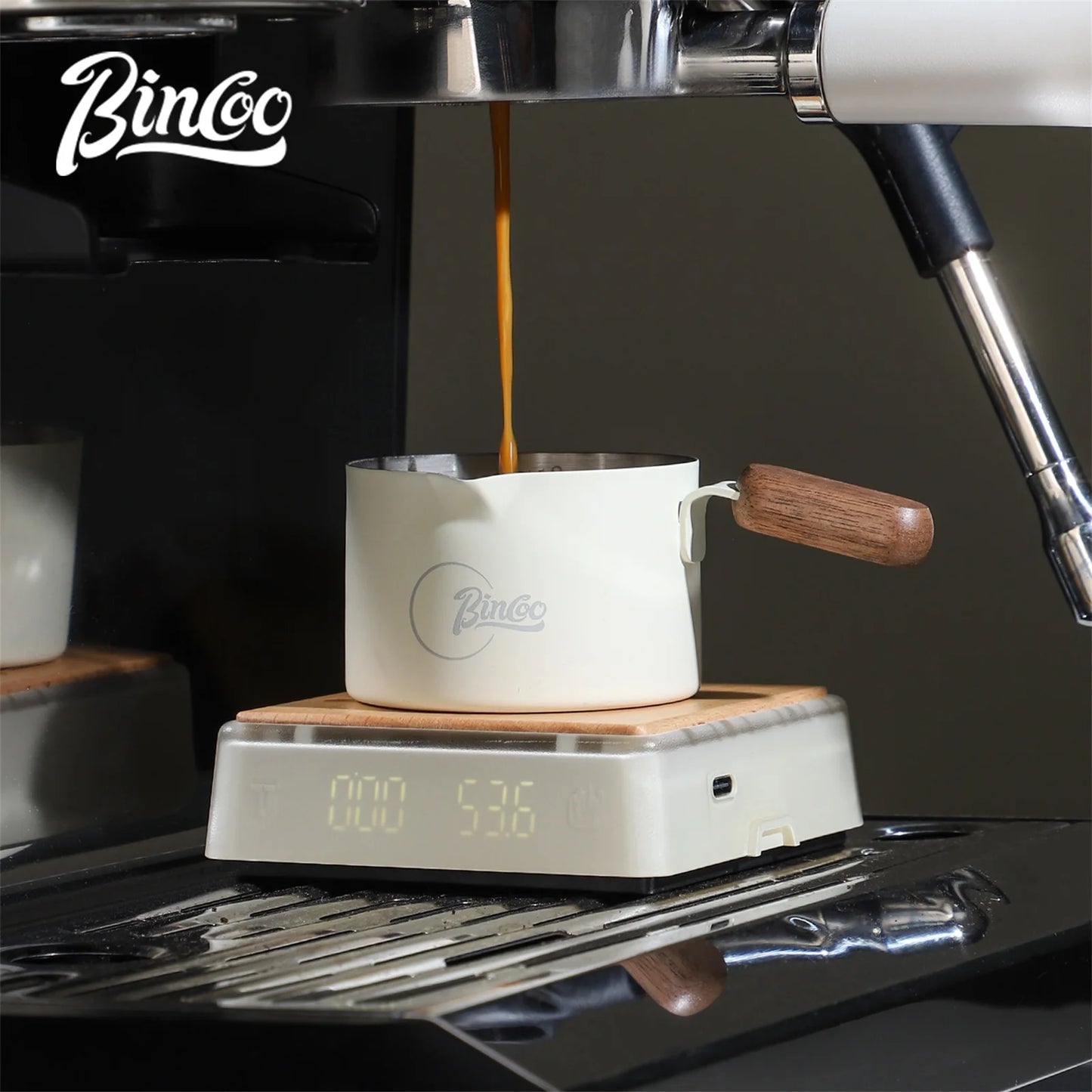 Bincoo Stainless Steel Espresso Measuring Cup With Wood Handle Espresso Shot Cup for Coffee Extraction and Milk Frothing Barista