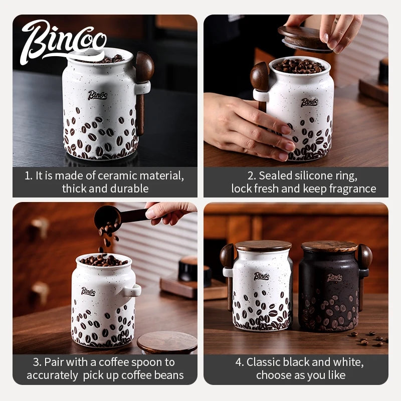 Bincoo Ceramic Coffee Bean Canister Sealed Jar Home Coffee Powder Storage Tank with Wooden Lid 500ML