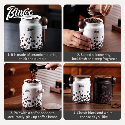 Bincoo Ceramic Coffee Bean Canister Sealed Jar Home Coffee Powder Storage Tank with Wooden Lid 500ML