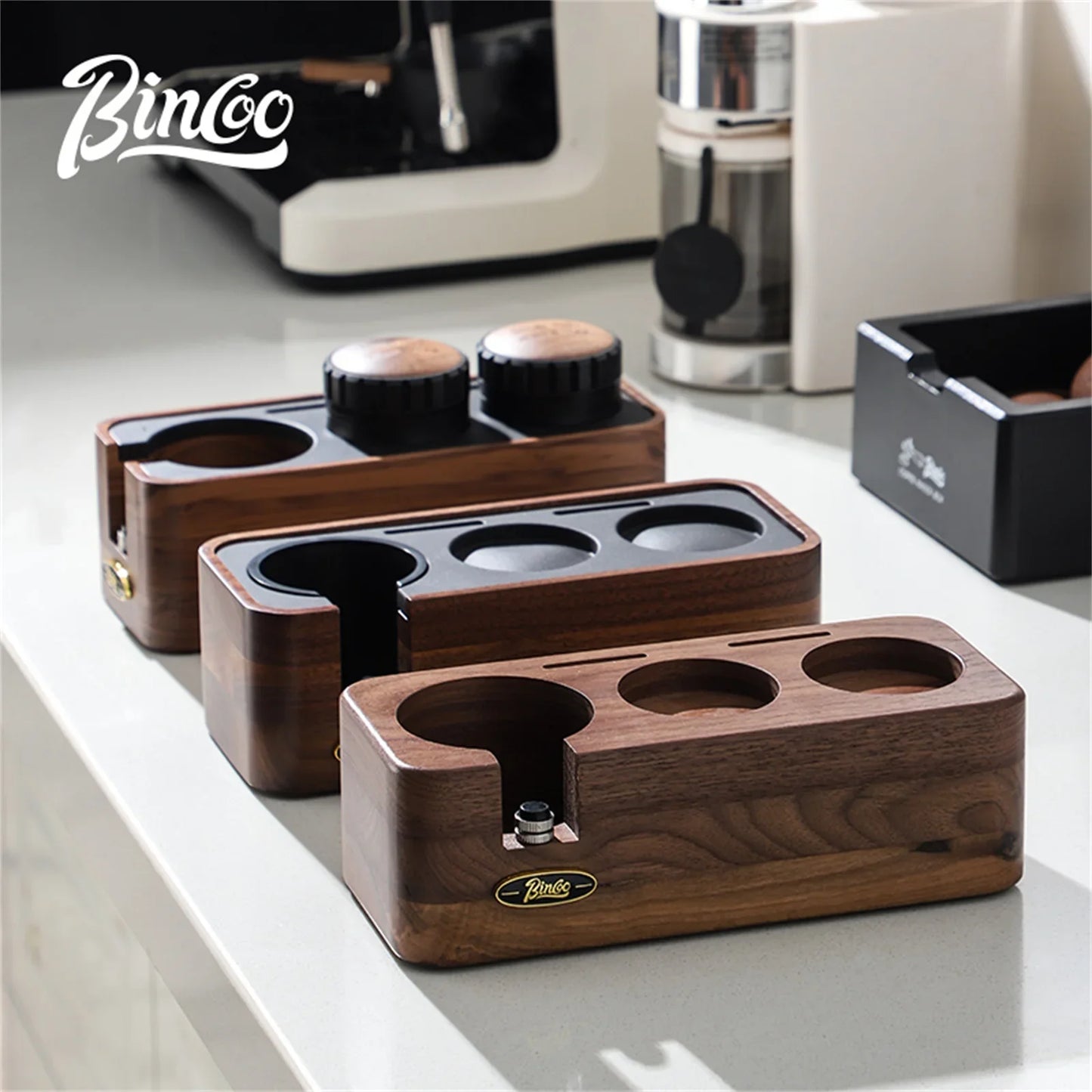 Bincoo Professional Espresso Tamping Station Portafiler Holder Wood Base with Distributor&Tamper 51/58mm Coffee Barista Tool Set