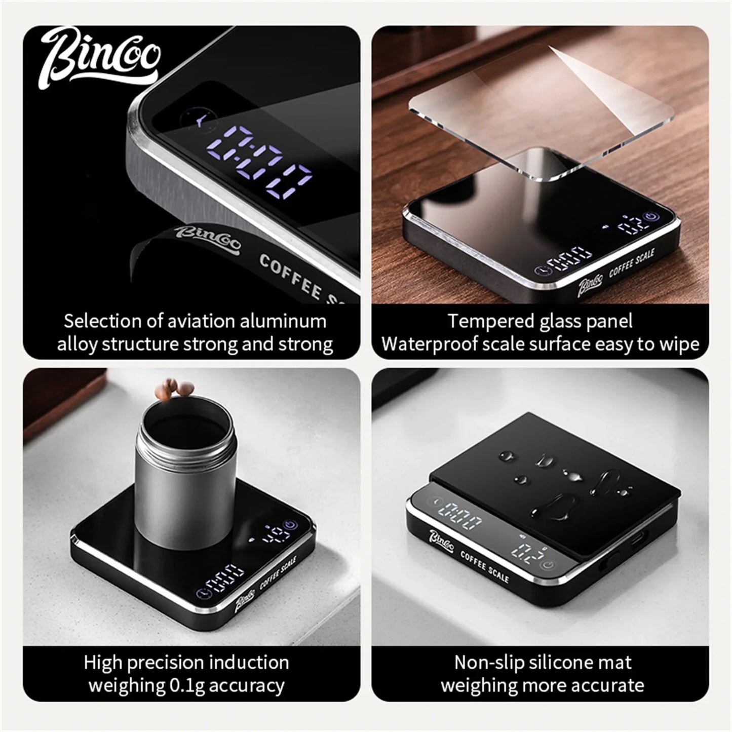 Bincoo Electronic Coffee Scale Digital Metal Body&Mirror Glass Portable Kitchen Scale With Timer Precision 0.01g Weight Barista