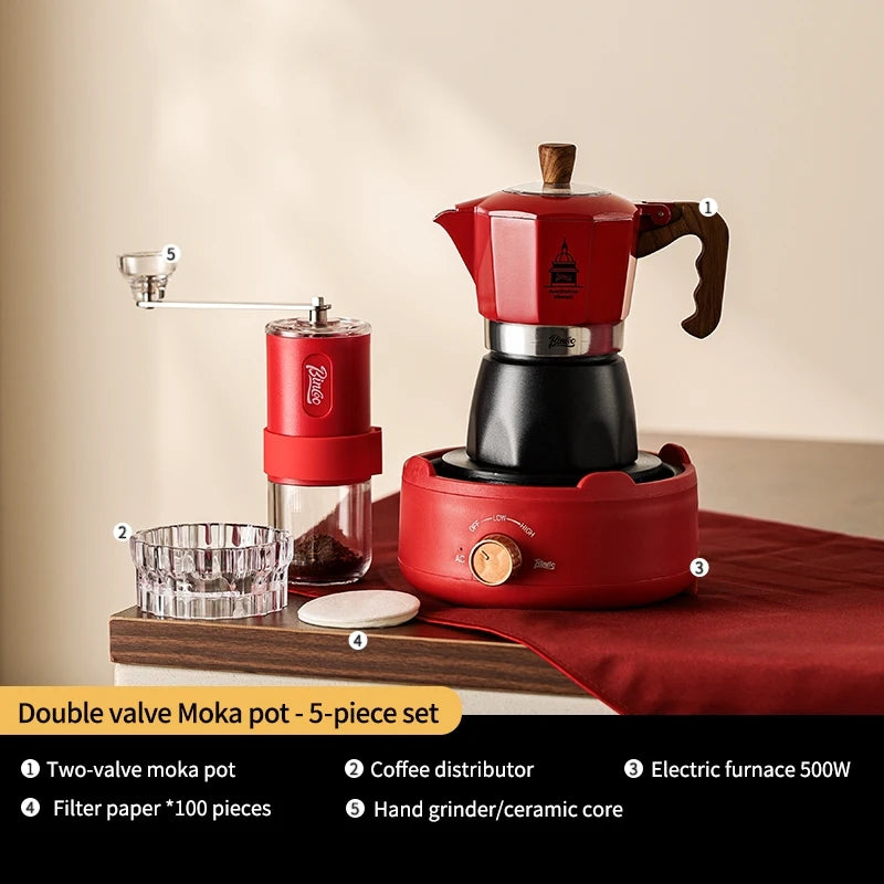 BINCOO Double Valve Moka Pot Coffee Maker with Electric Stove Home Pot Outdoor Mini Coffee Pot 2 Cups, stovetop espresso maker