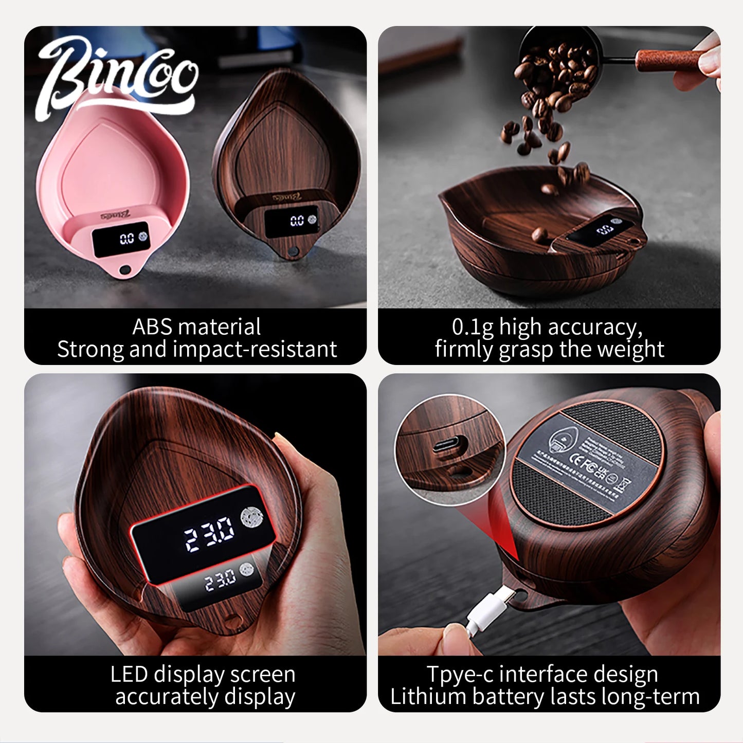 BINCOO Coffee Scale Electronic Bean Measuring Scale ABS Espresso Weighing Display Tray 0.1g/1kg Precise Weighing Barista Tools