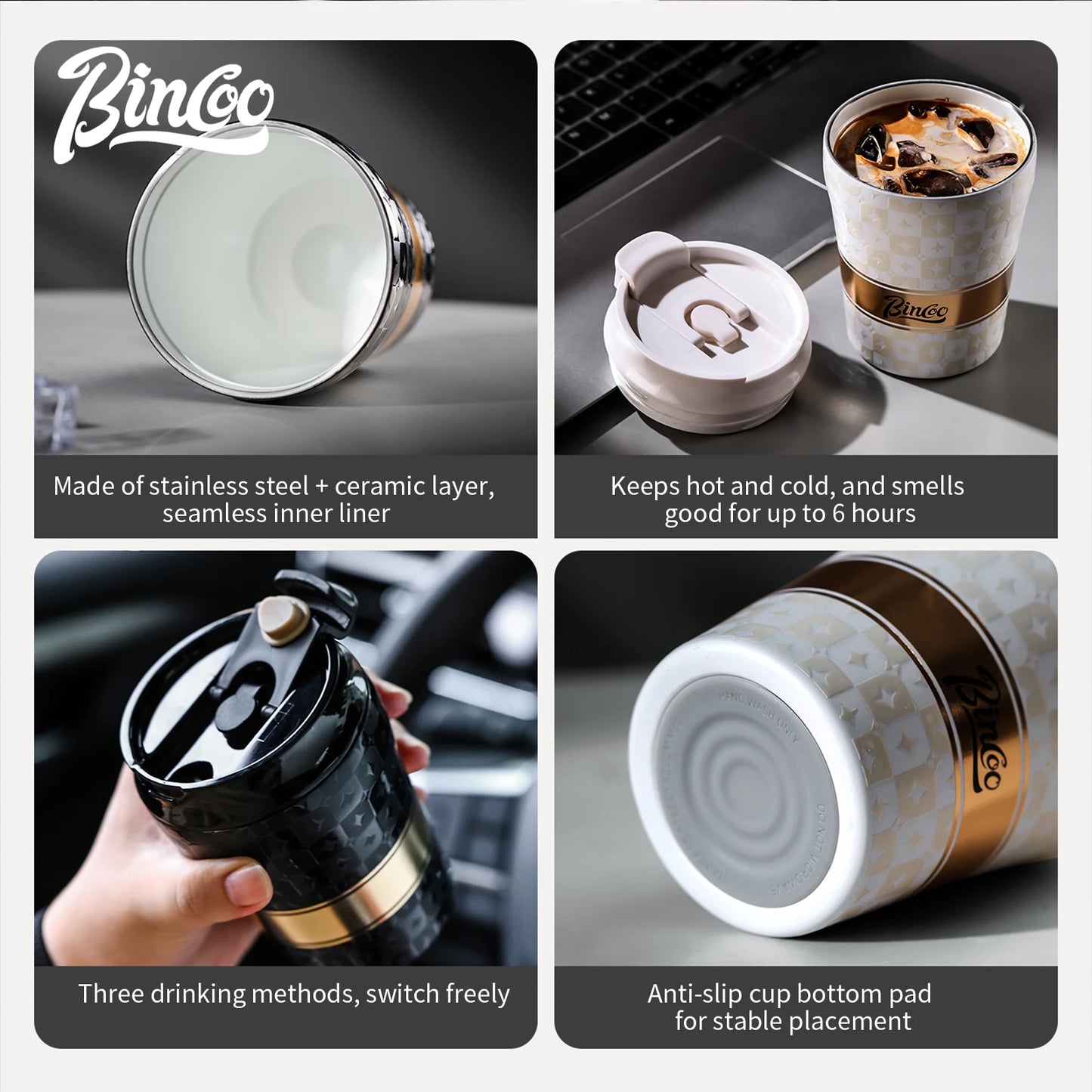 BINCOO 280/500ml Portable Coffee Thermos Cup Double Layered Ceramic Inner Wall Stainless Steel Car Travel Leak-proof Coffee Mugs