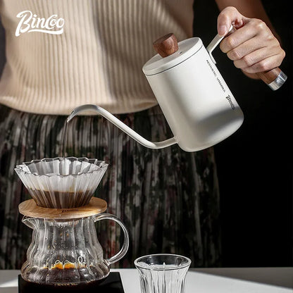 Bincoo 600ML Coffee Pot Gooseneck Kettle Spout 304 Stainless Steel Hand Brewed Espresso Milk Pot Walnut Wood Handle Coffee Maker