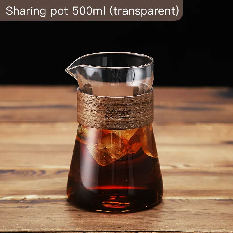 Bincoo 500ml Hand Brewed Coffee Sharing Pot with Wood Card Heat-Resistant High Borosilicate Glass Coffee Pot Coffee Barista Tool