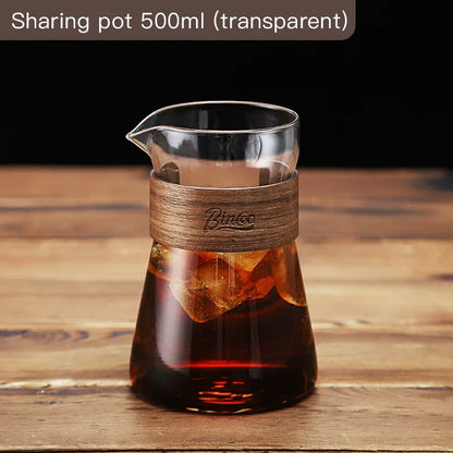 Bincoo 500ml Hand Brewed Coffee Sharing Pot with Wood Card Heat-Resistant High Borosilicate Glass Coffee Pot Coffee Barista Tool