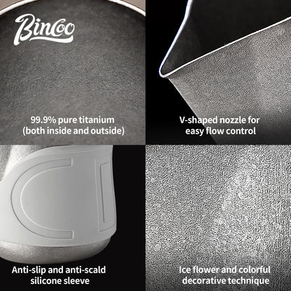 Bincoo Handleless Titanium Frothing Pitcher – Round Spout Latte Art Cup with Measuring Scale, Home Barista Tool