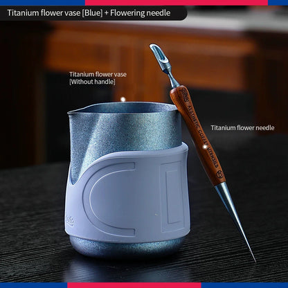 Bincoo Handleless Titanium Frothing Pitcher – Round Spout Latte Art Cup with Measuring Scale, Home Barista Tool
