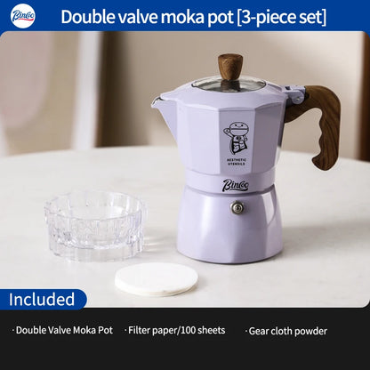 Bincoo Dual Valve Moka Pot Espresso Coffee Maker for Home and Outdoor Two Cups Hand Brewed Coffee Pot Italian Home Barista Tool