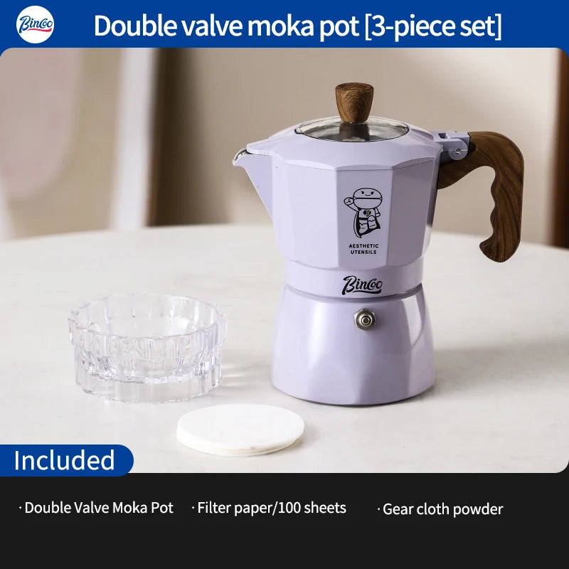 Bincoo Dual Valve Moka Pot Espresso Coffee Maker for Home and Outdoor Two Cups Hand Brewed Coffee Pot Italian Home Barista Tool