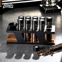 BINCOO Coffee Bean Storage Rack with 8 Airtight Glass Vials & Wooden Base, Single Dose Espresso Bean Dispenser System