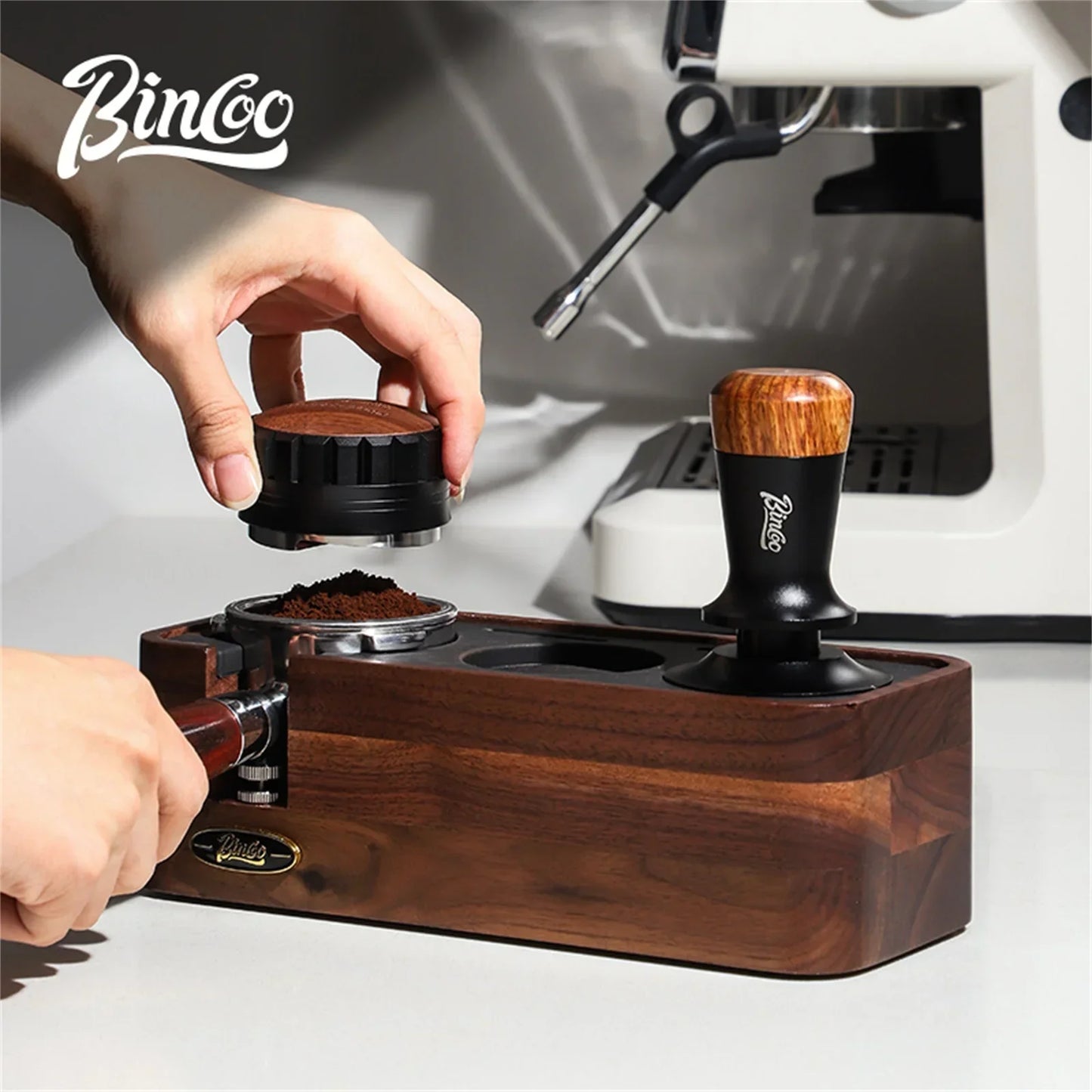 Bincoo Professional Espresso Tamping Station Portafiler Holder Wood Base with Distributor&Tamper 51/58mm Coffee Barista Tool Set