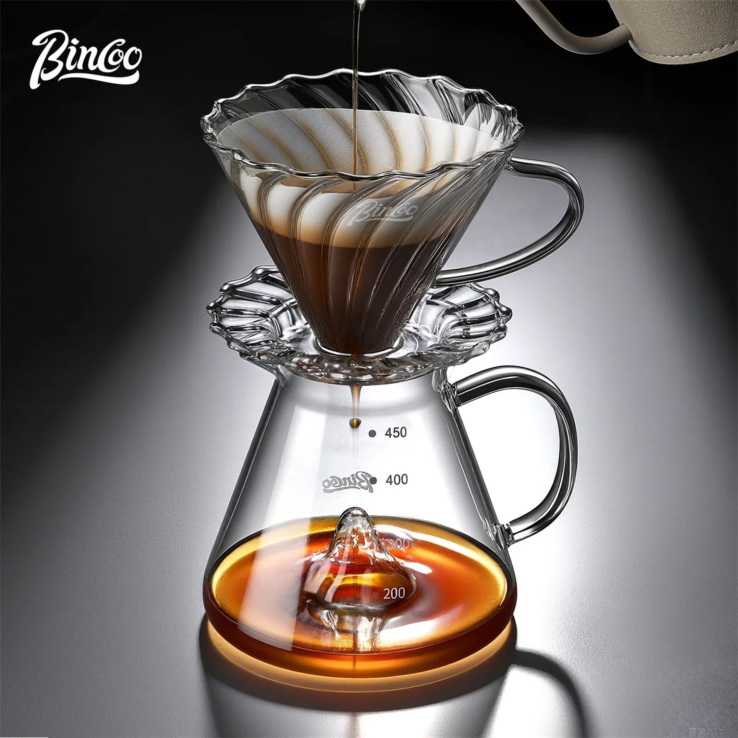 BINCOO 450ml Pour Over Coffee Dripper Glass Sharing Pot Funnel Drip Coffee Maker Hand Brewed Cup Coffee Set with Filter Paper